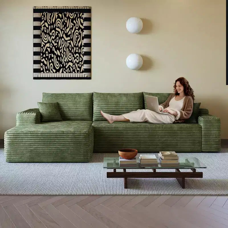 Canapé sectionnel nuage noir en velours côtelé moelleux de 271 cm avec méridienne en L, canapé modulaire moderne avec assise profonde pour salon, appartement