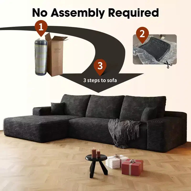 Canapé sectionnel nuage noir en velours côtelé moelleux de 271 cm avec méridienne en L, canapé modulaire moderne avec assise profonde pour salon, appartement
