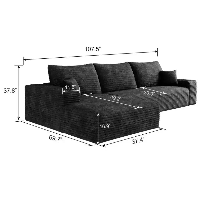 Canapé sectionnel nuage noir en velours côtelé moelleux de 271 cm avec méridienne en L, canapé modulaire moderne avec assise profonde pour salon, appartement