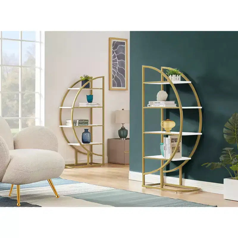 MAYEERTY Bibliothèque Ronde à 4 Niveaux, Panneaux MDF Cadre Métal Doré, Bureau à Domicile, Blanc