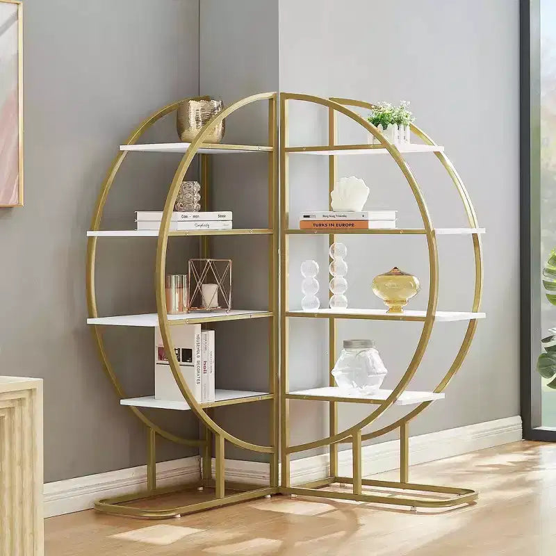 MAYEERTY Bibliothèque Ronde à 4 Niveaux, Panneaux MDF Cadre Métal Doré, Bureau à Domicile, Blanc