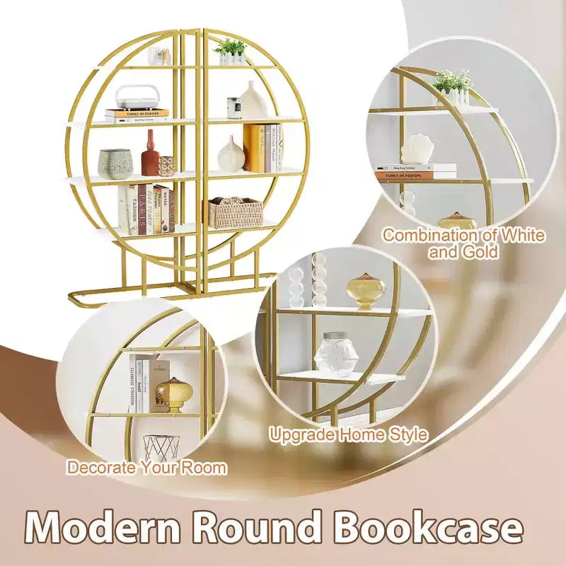 MAYEERTY Bibliothèque Ronde à 4 Niveaux, Panneaux MDF Cadre Métal Doré, Bureau à Domicile, Blanc
