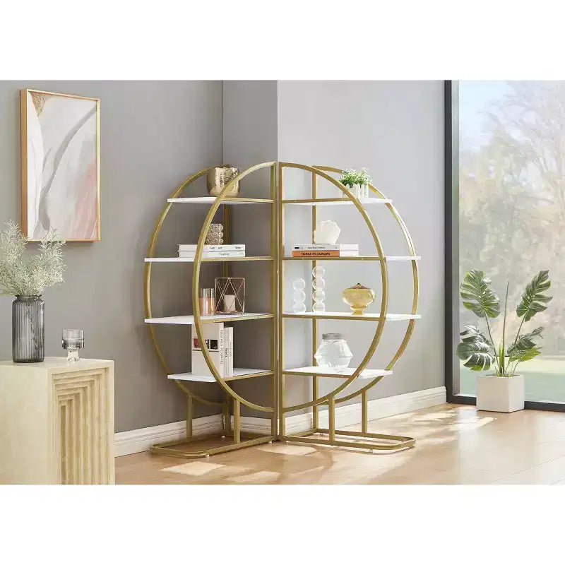 MAYEERTY Bibliothèque Ronde à 4 Niveaux, Panneaux MDF Cadre Métal Doré, Bureau à Domicile, Blanc