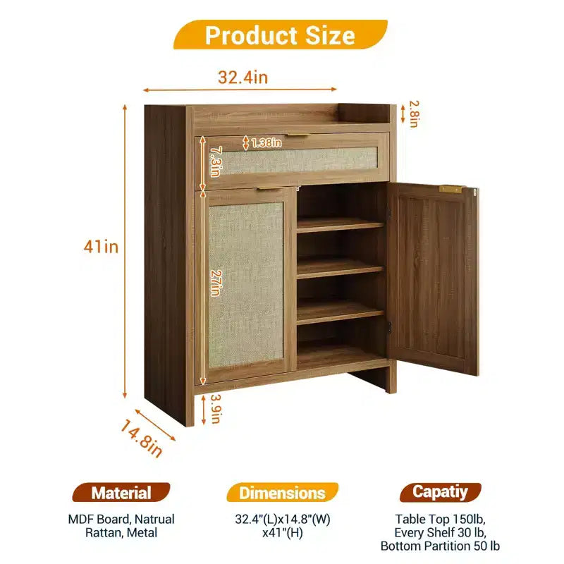 Meuble à chaussures en rotin rustique 32,4 – Organisateur de rangement de style bohème à 5 niveaux avec portes et étagères pour entrée, couloir et placard (finition chêne)