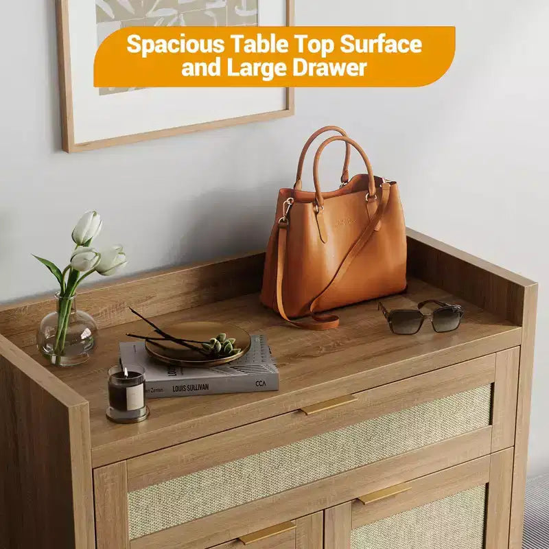 Meuble à chaussures en rotin rustique 32,4 – Organisateur de rangement de style bohème à 5 niveaux avec portes et étagères pour entrée, couloir et placard (finition chêne)