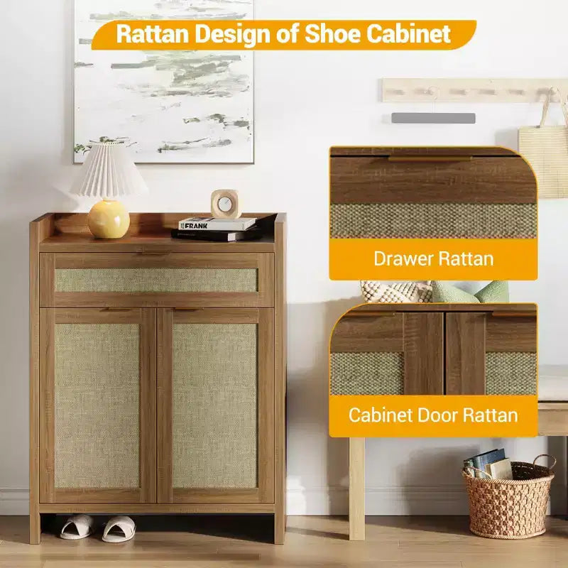 Meuble à chaussures en rotin rustique 32,4 – Organisateur de rangement de style bohème à 5 niveaux avec portes et étagères pour entrée, couloir et placard (finition chêne)