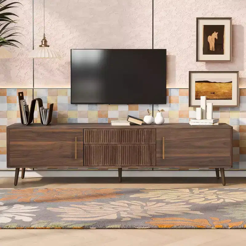 Clihome Mid Century TV Stand with 2 Drawers, Media Console Table for TVs up to 80'', Entertainment Center with Storage for Living Room