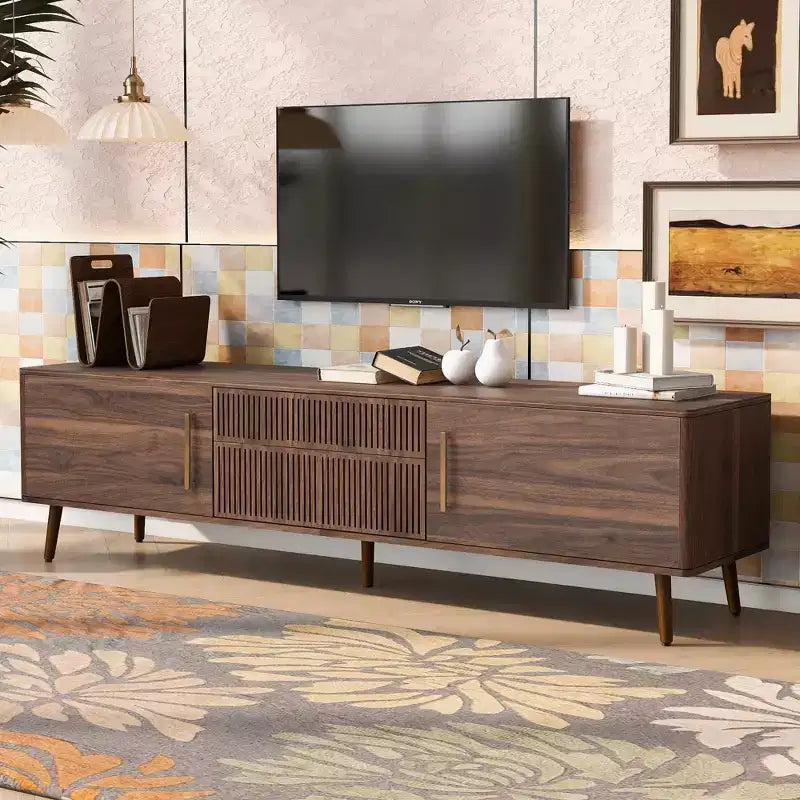 Meuble TV mi-siècle Clihome avec 2 tiroirs, console média pour TV jusqu'à 80 pouces, meuble de rangement pour salon