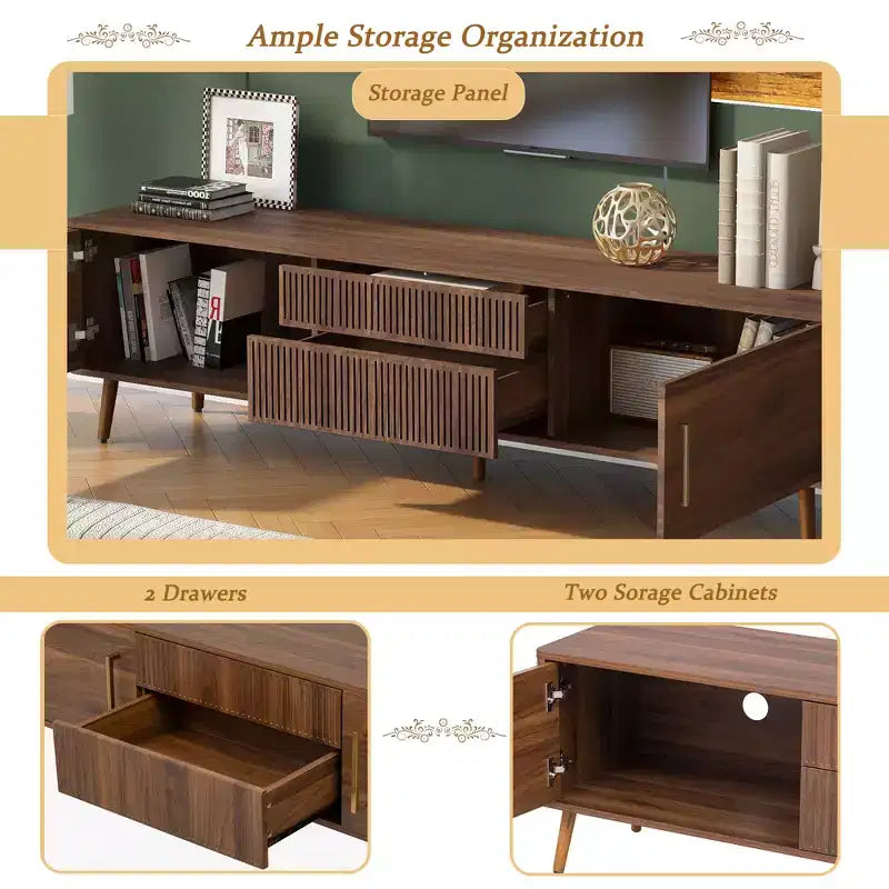 Meuble TV mi-siècle Clihome avec 2 tiroirs, console média pour TV jusqu'à 80 pouces, meuble de rangement pour salon