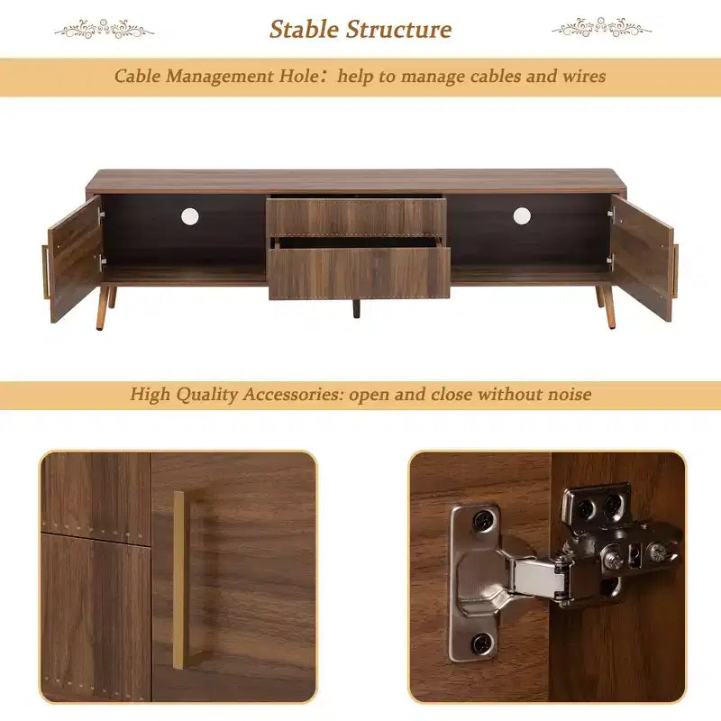 Meuble TV mi-siècle Clihome avec 2 tiroirs, console média pour TV jusqu'à 80 pouces, meuble de rangement pour salon