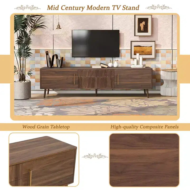 Meuble TV mi-siècle Clihome avec 2 tiroirs, console média pour TV jusqu'à 80 pouces, meuble de rangement pour salon