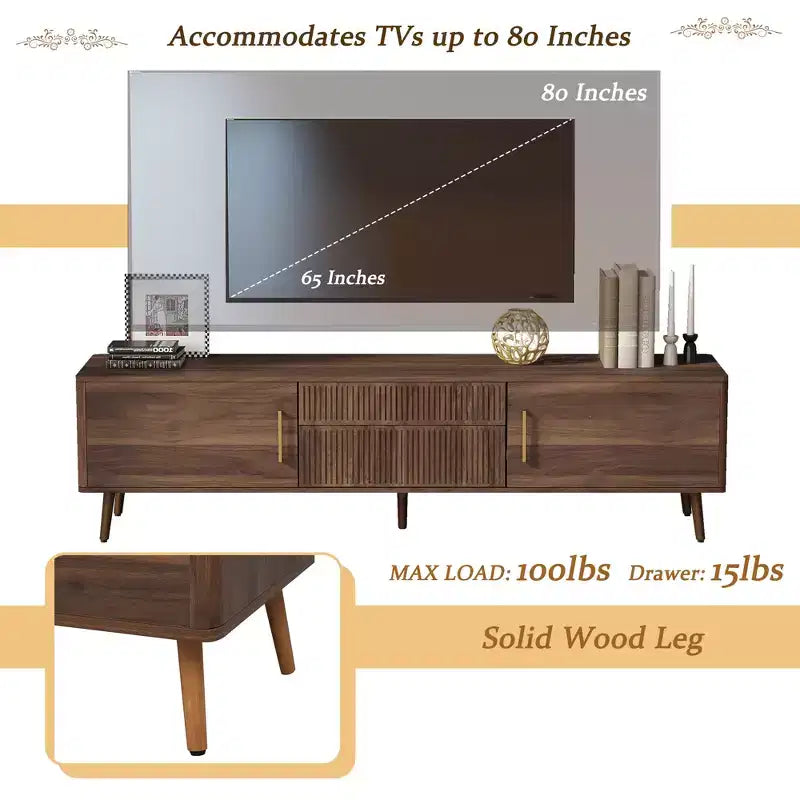 Meuble TV mi-siècle Clihome avec 2 tiroirs, console média pour TV jusqu'à 80 pouces, meuble de rangement pour salon