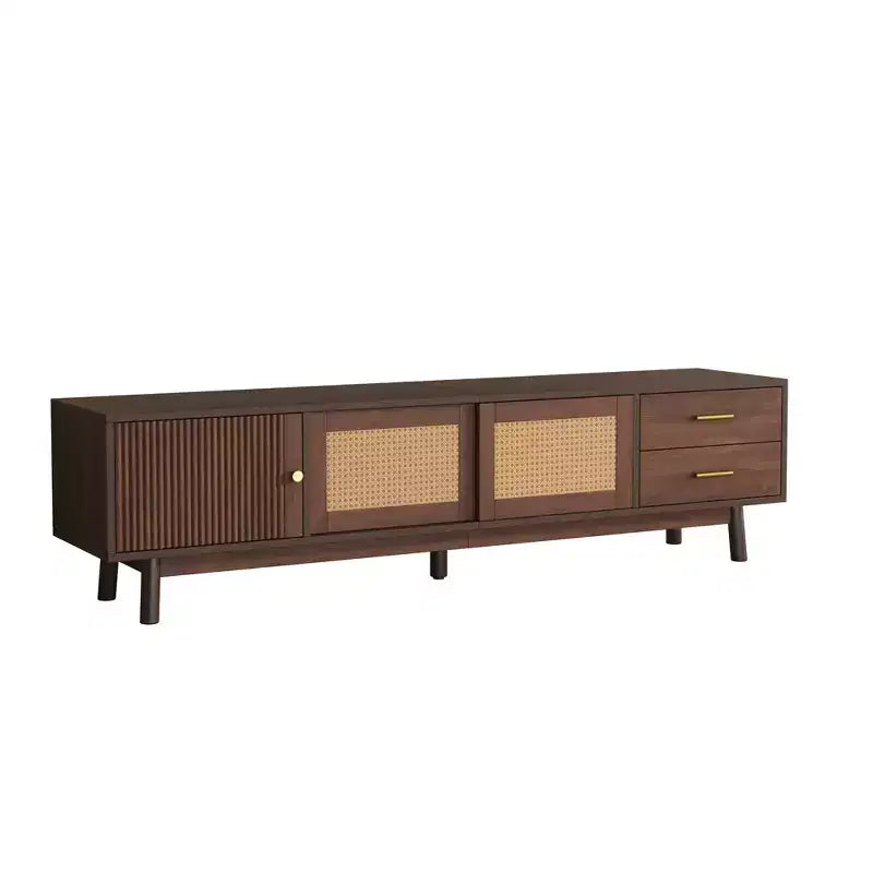 Meuble TV moderne mi-siècle Clihome pour TV de 80 pouces, centre de divertissement avec portes coulissantes et tiroirs, meuble TV avec rangement pour salon