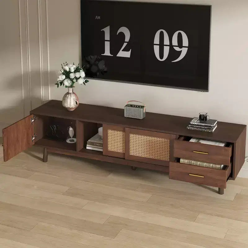 Meuble TV moderne mi-siècle Clihome pour TV de 80 pouces, centre de divertissement avec portes coulissantes et tiroirs, meuble TV avec rangement pour salon