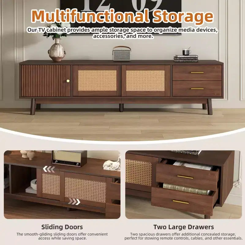 Meuble TV moderne mi-siècle Clihome pour TV de 80 pouces, centre de divertissement avec portes coulissantes et tiroirs, meuble TV avec rangement pour salon