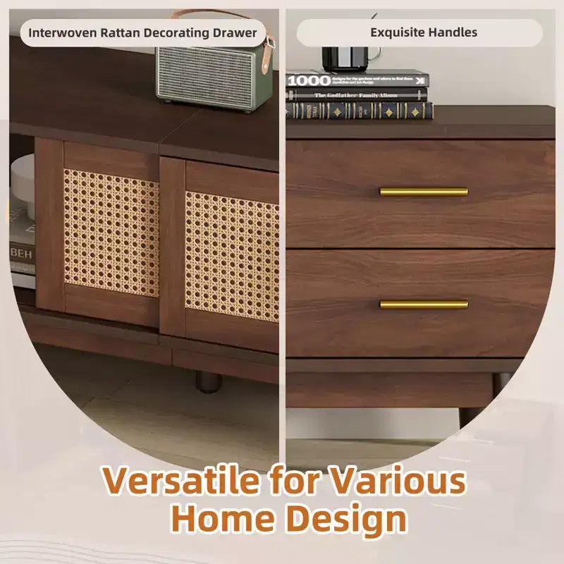 Meuble TV moderne mi-siècle Clihome pour TV de 80 pouces, centre de divertissement avec portes coulissantes et tiroirs, meuble TV avec rangement pour salon
