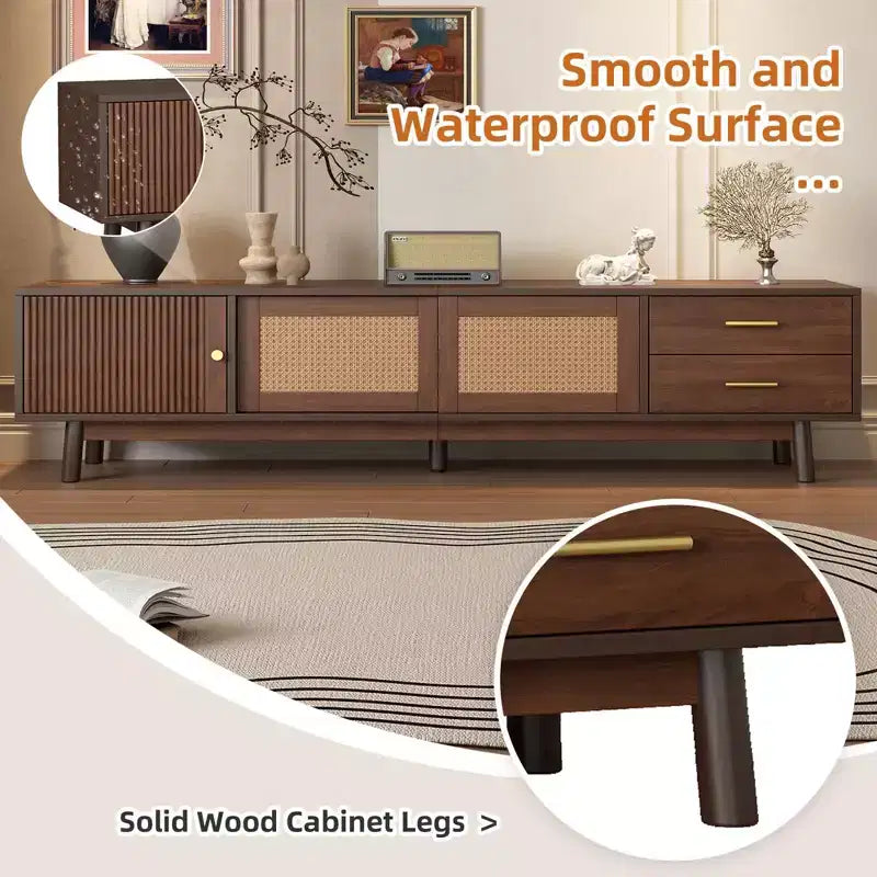 Meuble TV moderne mi-siècle Clihome pour TV de 80 pouces, centre de divertissement avec portes coulissantes et tiroirs, meuble TV avec rangement pour salon