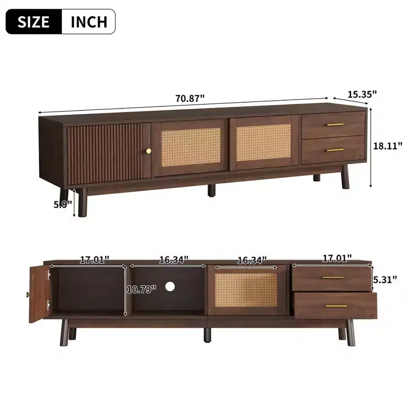 Meuble TV moderne mi-siècle Clihome pour TV de 80 pouces, centre de divertissement avec portes coulissantes et tiroirs, meuble TV avec rangement pour salon