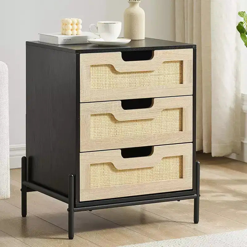 Rattan Nightstand C Boho Accent Table with Rattan Drawers & Metal Legs