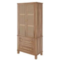 Particleboard Rattan-Woven Food Storage Cabinet - Light Walnut Finish