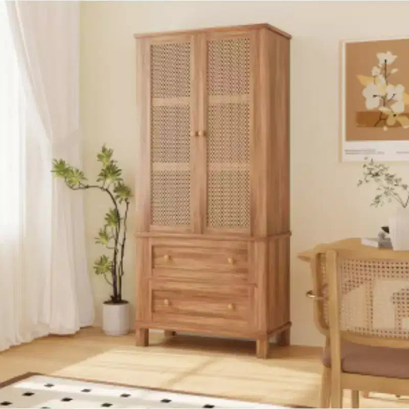 Meuble de rangement pour aliments en panneaux de particules avec tissage rotin - Fini Noyer Clair