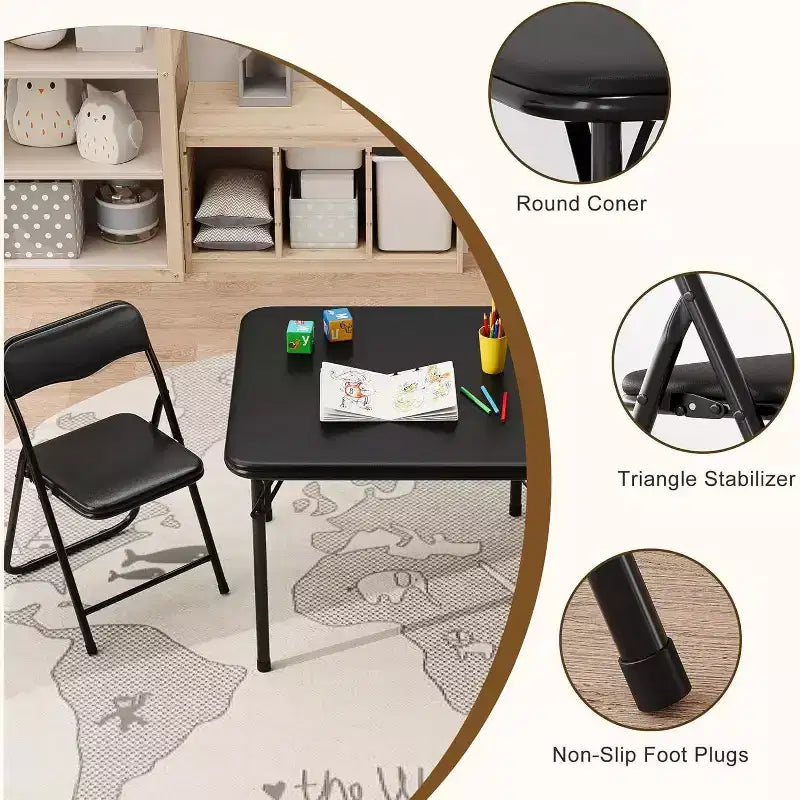 Ensemble table et chaises pliantes 3 pièces Acekool, table portable pour enfants avec sièges à coussin moelleux, aucun assemblage requis