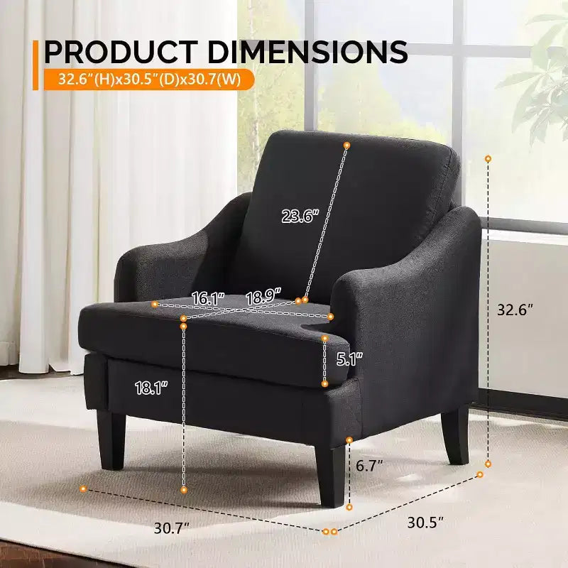 VINGLI Fauteuil d'appoint en tissu de lin noir, Fauteuil moderne rembourré, Canapé confortable pour salon, chambre à coucher, Meuble pour appartement