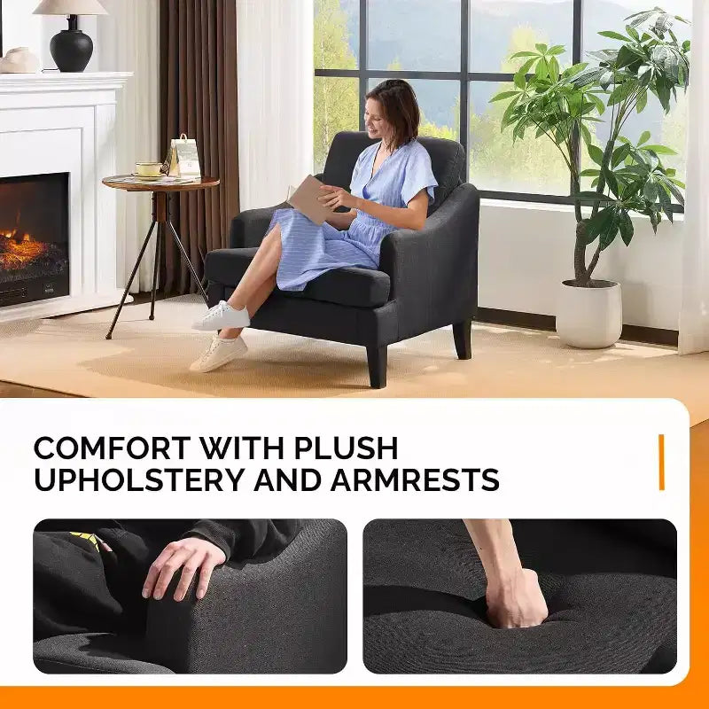 VINGLI Fauteuil d'appoint en tissu de lin noir, Fauteuil moderne rembourré, Canapé confortable pour salon, chambre à coucher, Meuble pour appartement