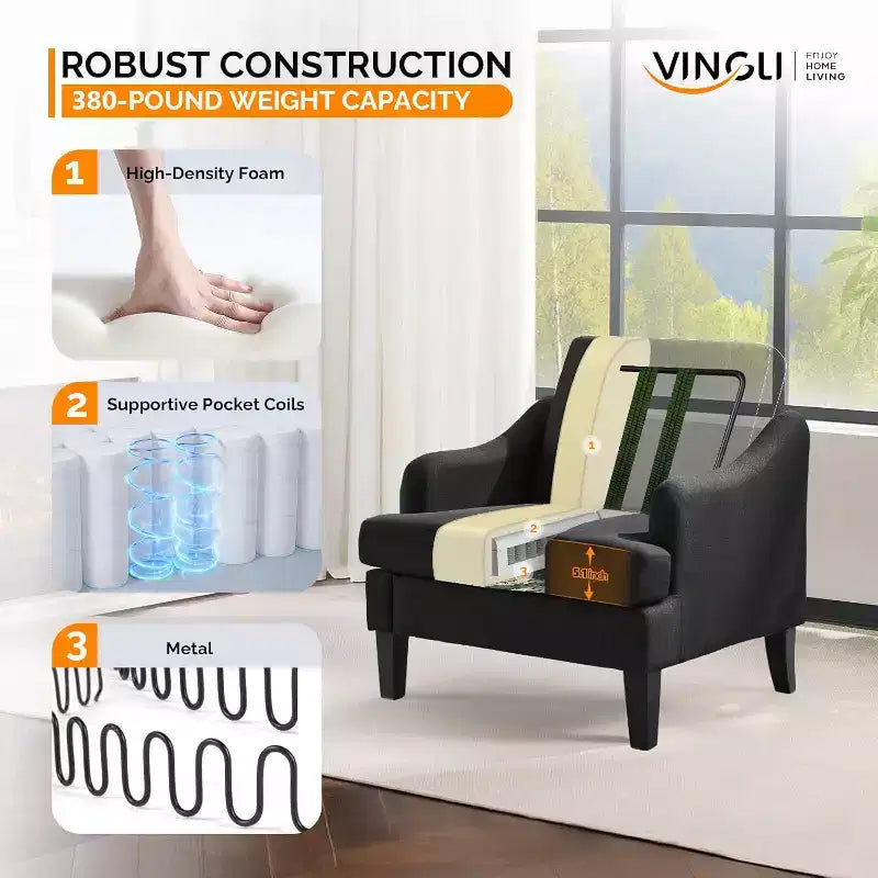 VINGLI Fauteuil d'appoint en tissu de lin noir, Fauteuil moderne rembourré, Canapé confortable pour salon, chambre à coucher, Meuble pour appartement
