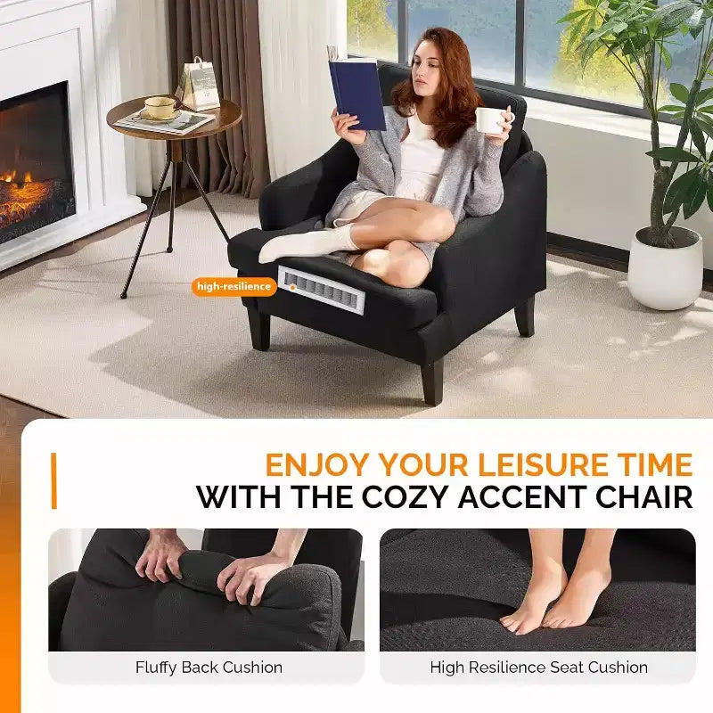 VINGLI Fauteuil d'appoint en tissu de lin noir, Fauteuil moderne rembourré, Canapé confortable pour salon, chambre à coucher, Meuble pour appartement