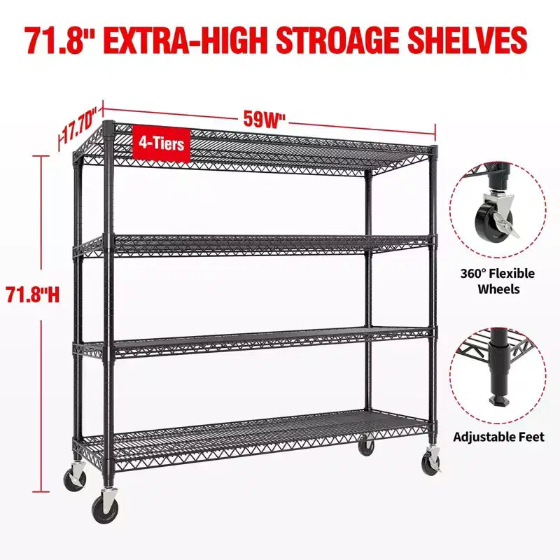 Étagères de rangement en métal à 5 ou 4 niveaux avec roulettes, 59 L, capacité de 1500 kg, étagère en fil métallique réglable robuste pour garage, cellier, cuisine