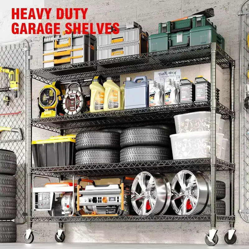 Étagères de rangement en métal à 5 ou 4 niveaux avec roulettes, 59 L, capacité de 1500 kg, étagère en fil métallique réglable robuste pour garage, cellier, cuisine