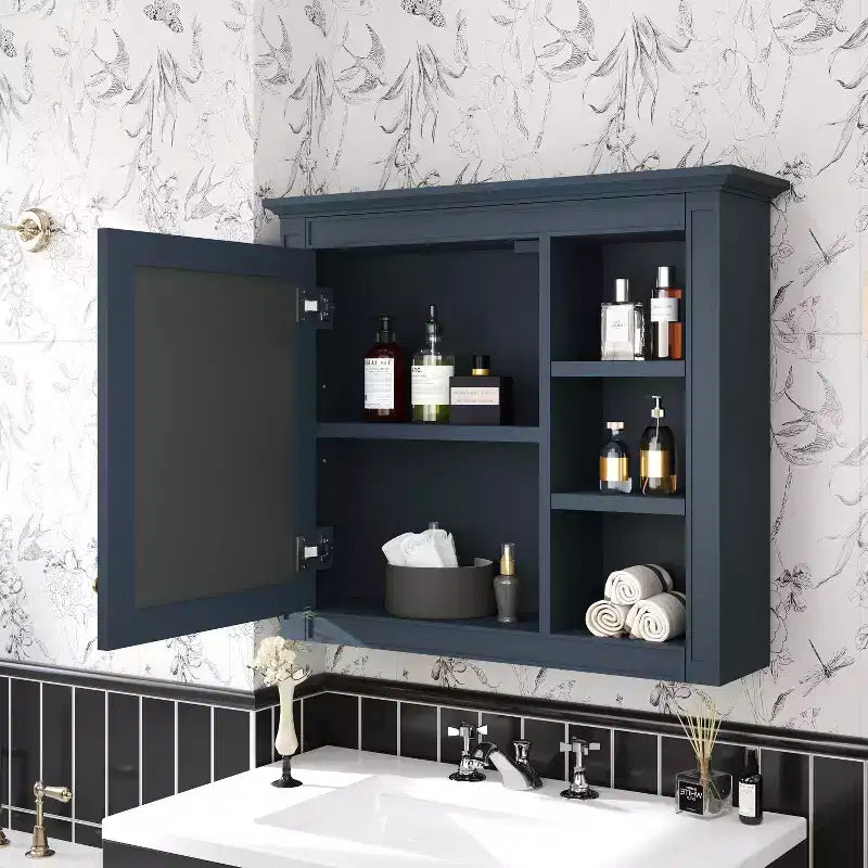 FAMYYT Armoire de toilette rectangulaire à surface de fixation en MDF de 30 po L x 28 po H avec miroir et étagères ouvertes