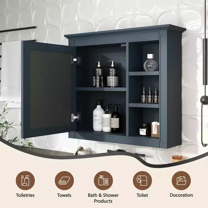 FAMYYT Armoire de toilette rectangulaire à surface de fixation en MDF de 30 po L x 28 po H avec miroir et étagères ouvertes