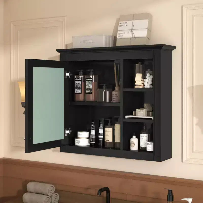 FAMYYT Armoire de toilette rectangulaire à surface de fixation en MDF de 30 po L x 28 po H avec miroir et étagères ouvertes