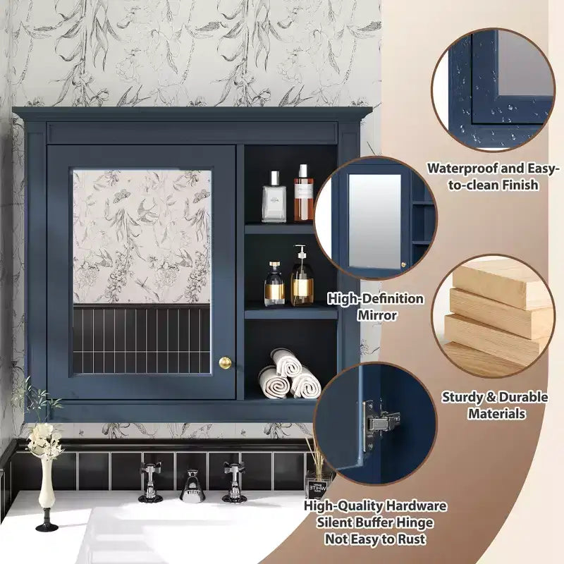 FAMYYT Armoire de toilette rectangulaire à surface de fixation en MDF de 30 po L x 28 po H avec miroir et étagères ouvertes