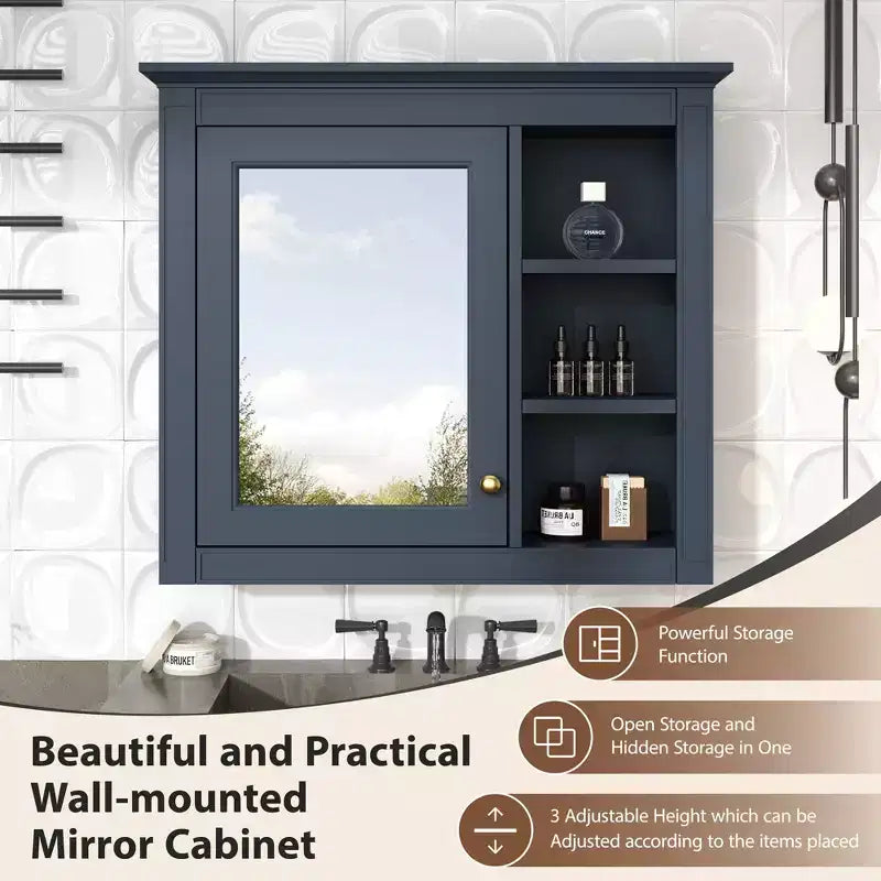 FAMYYT Armoire de toilette rectangulaire à surface de fixation en MDF de 30 po L x 28 po H avec miroir et étagères ouvertes