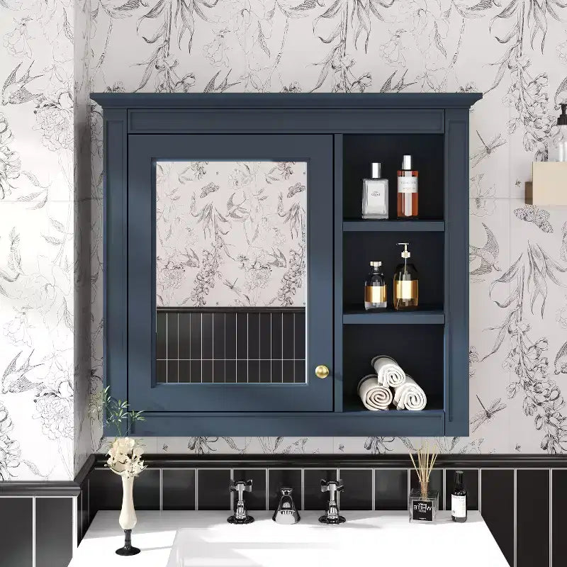 FAMYYT Armoire de toilette rectangulaire à surface de fixation en MDF de 30 po L x 28 po H avec miroir et étagères ouvertes