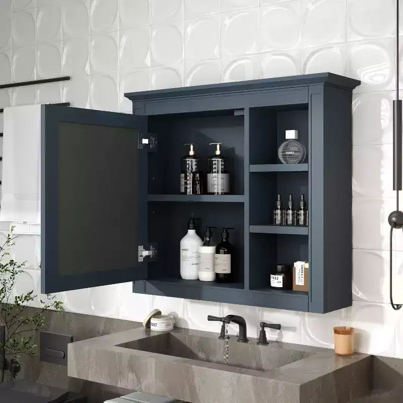FAMYYT Armoire de toilette rectangulaire à surface de fixation en MDF de 30 po L x 28 po H avec miroir et étagères ouvertes