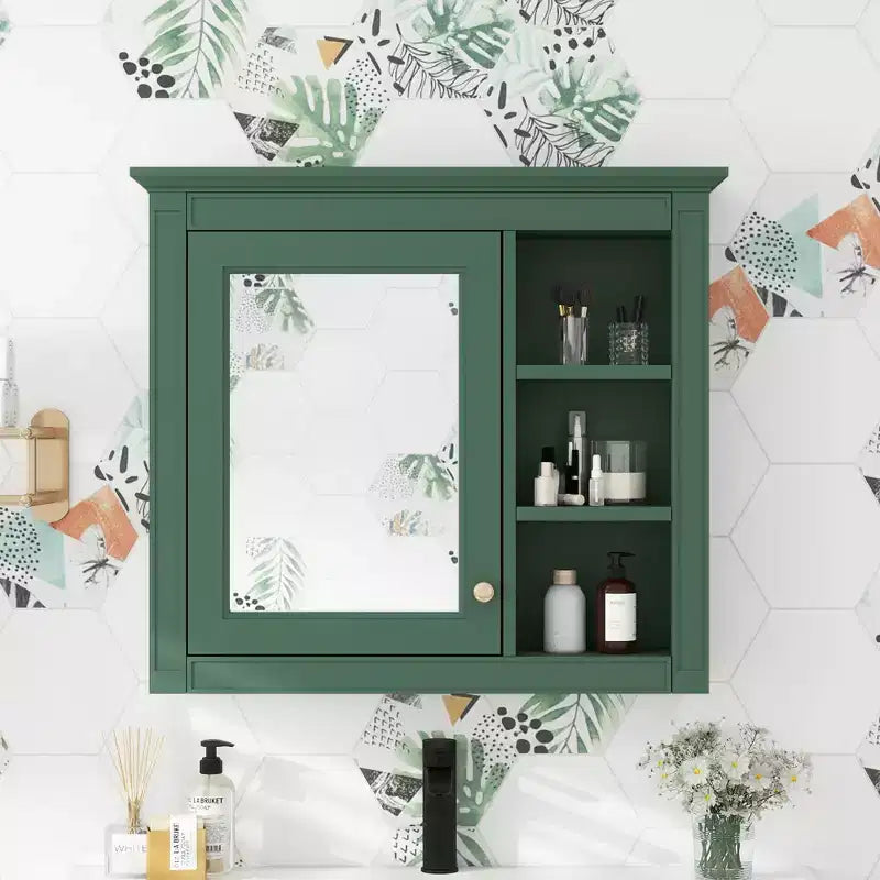 FAMYYT Armoire de toilette rectangulaire à surface de fixation en MDF de 30 po L x 28 po H avec miroir et étagères ouvertes