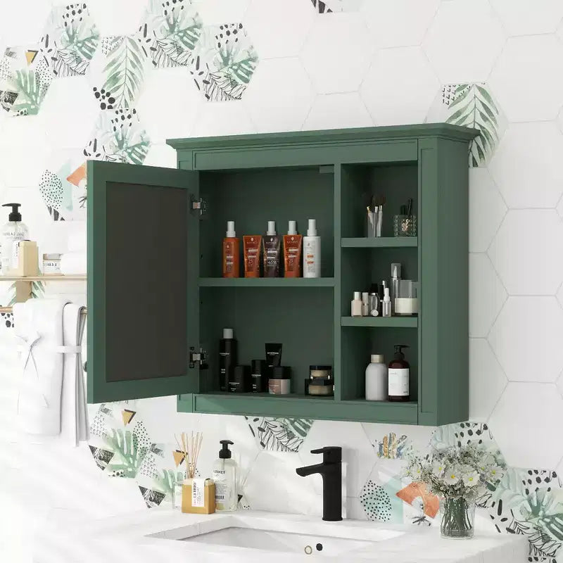 FAMYYT Armoire de toilette rectangulaire à surface de fixation en MDF de 30 po L x 28 po H avec miroir et étagères ouvertes