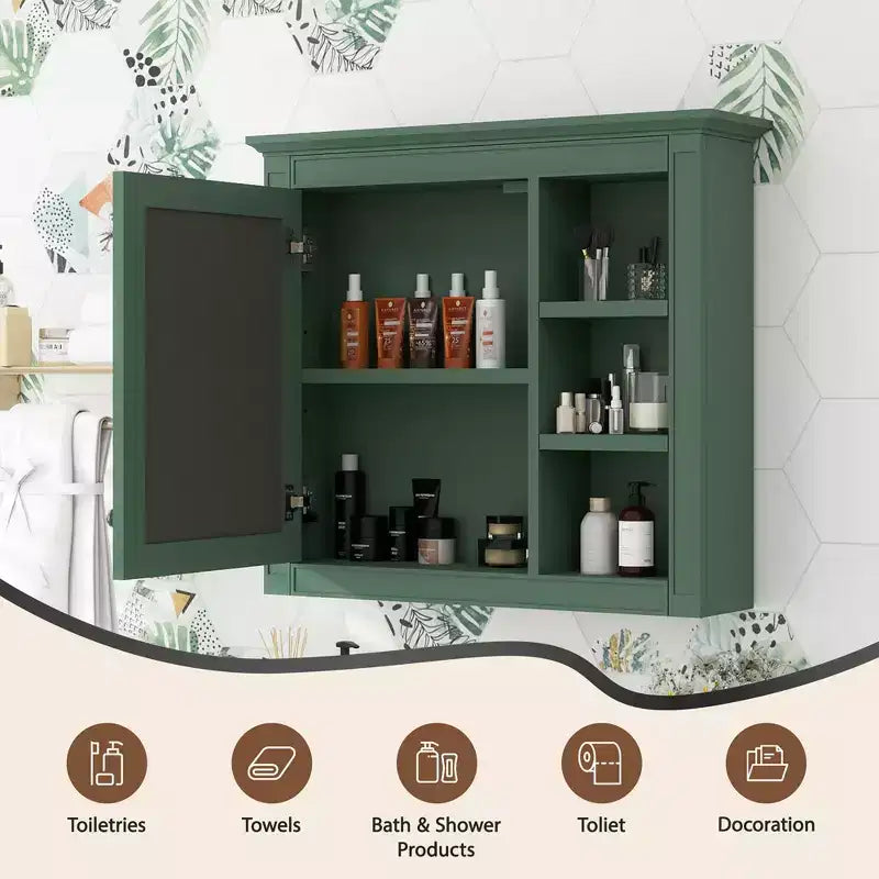 FAMYYT Armoire de toilette rectangulaire à surface de fixation en MDF de 30 po L x 28 po H avec miroir et étagères ouvertes
