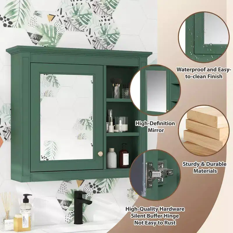 FAMYYT Armoire de toilette rectangulaire à surface de fixation en MDF de 30 po L x 28 po H avec miroir et étagères ouvertes