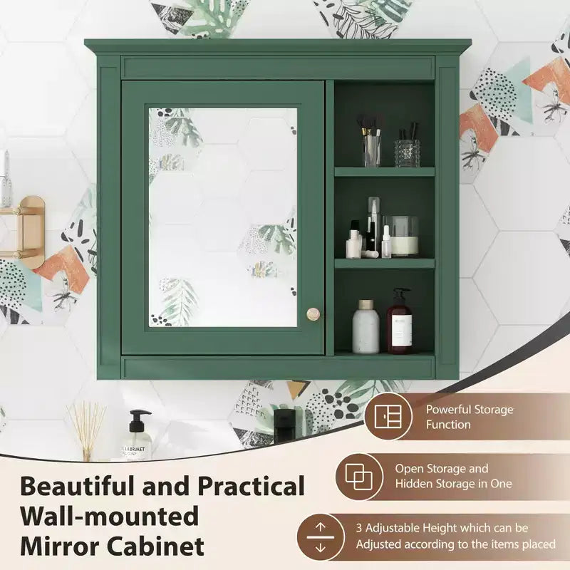 FAMYYT Armoire de toilette rectangulaire à surface de fixation en MDF de 30 po L x 28 po H avec miroir et étagères ouvertes