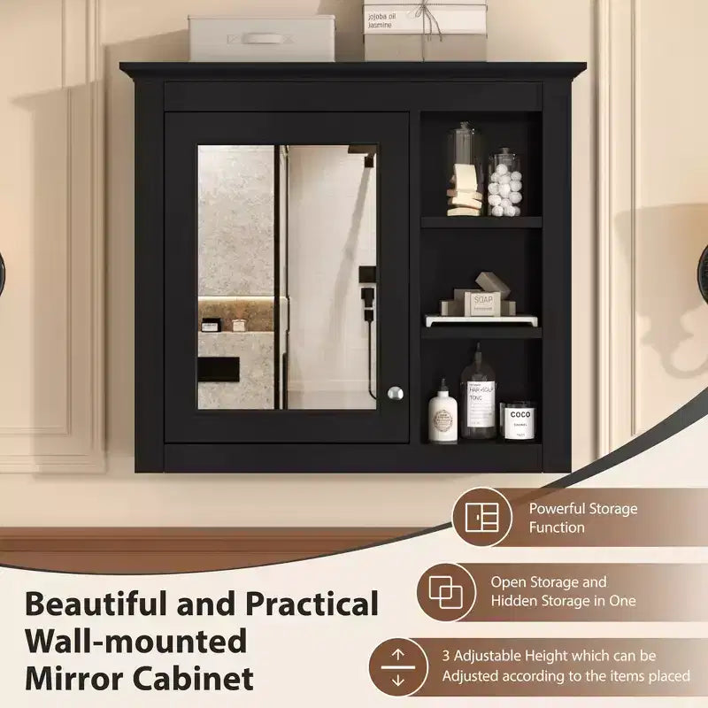 FAMYYT Armoire de toilette rectangulaire à surface de fixation en MDF de 30 po L x 28 po H avec miroir et étagères ouvertes