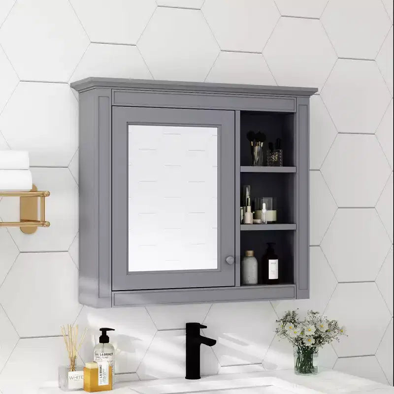 FAMYYT Armoire de toilette rectangulaire à surface de fixation en MDF de 30 po L x 28 po H avec miroir et étagères ouvertes