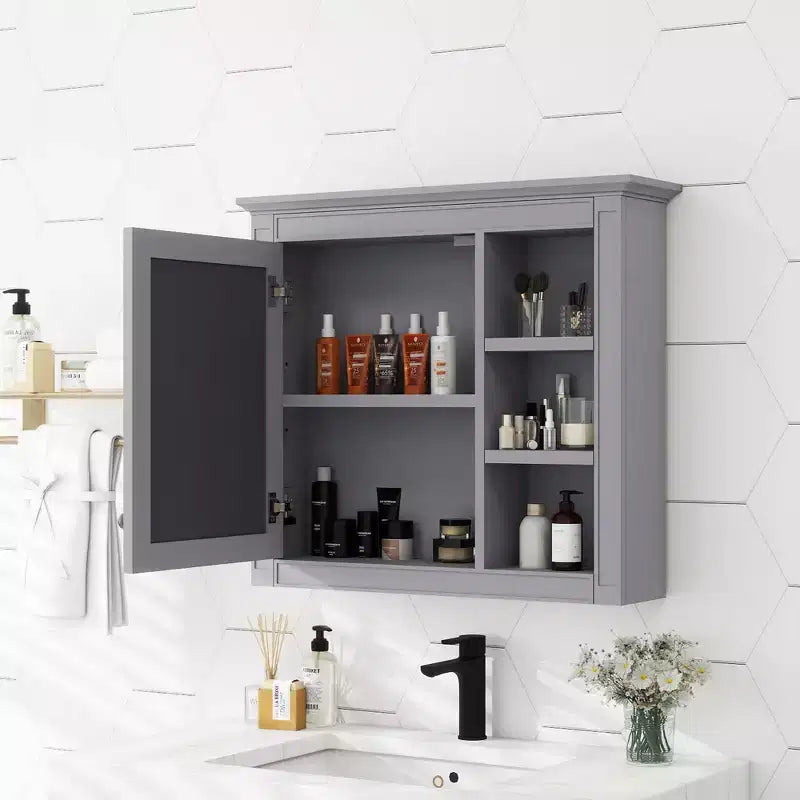 FAMYYT Armoire de toilette rectangulaire à surface de fixation en MDF de 30 po L x 28 po H avec miroir et étagères ouvertes