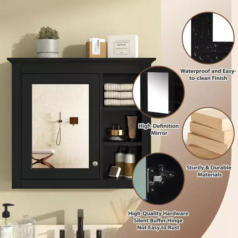FAMYYT Armoire de toilette rectangulaire à surface de fixation en MDF de 30 po L x 28 po H avec miroir et étagères ouvertes