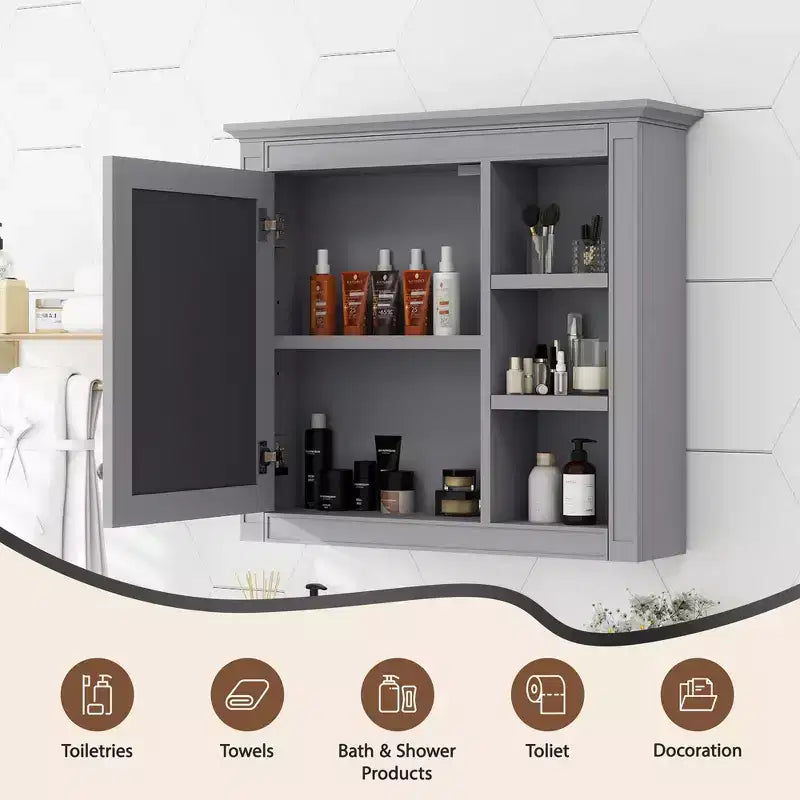 FAMYYT Armoire de toilette rectangulaire à surface de fixation en MDF de 30 po L x 28 po H avec miroir et étagères ouvertes