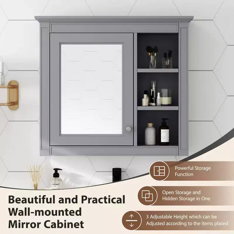 FAMYYT Armoire de toilette rectangulaire à surface de fixation en MDF de 30 po L x 28 po H avec miroir et étagères ouvertes